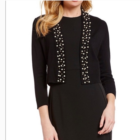 Calvin Klein Black Crop Open Cardigan  Sweater Pearl Collar & Trim  Size 1X - Picture 2 of 13